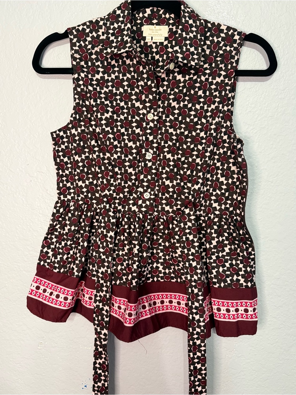 kate spade Maroon, Cream & Black Sleeveless Printed Peplum Tunic